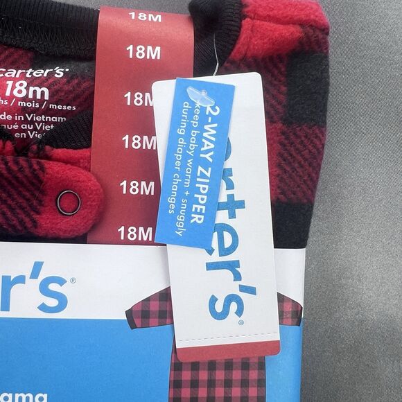 Carter's 18 Month One-Piece Fleece Footie Pajamas Zipper Red Plaid Bear PJ’s NWT - Picture 3 of 8